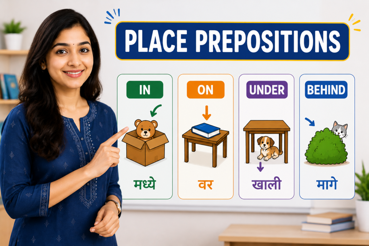 Place Prepositions म्हणजे काय? | In, On, Under, Behind चा सोप्या मराठीत वापर