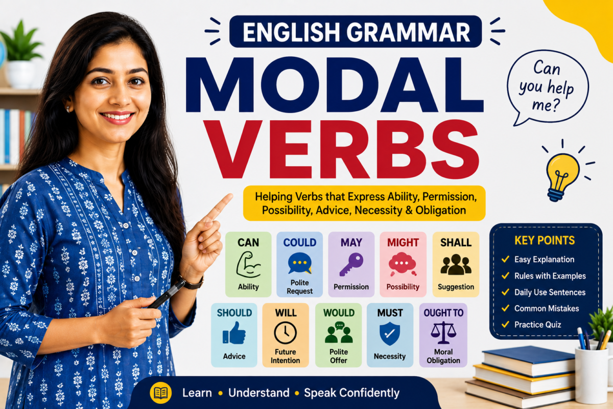 Modal Verbs (सहाय्यकारी भावदर्शक क्रियापदे) in Marathi | Modal Verbs म्हणजे काय? Types, Rules, Examples, Daily Use Sentences आणि Common Mistakes