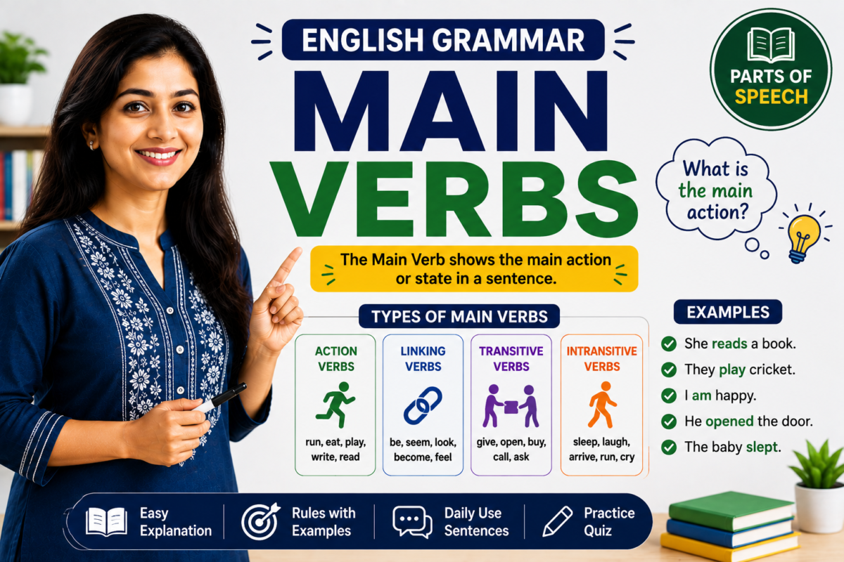 Main Verb (मुख्य क्रियापद) म्हणजे काय? | Types, Rules, Examples, Daily Use Sentences आणि Common Mistakes