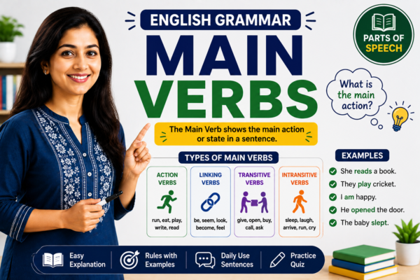 Main Verb (मुख्य क्रियापद) म्हणजे काय? | Types, Rules, Examples, Daily Use Sentences आणि Common Mistakes